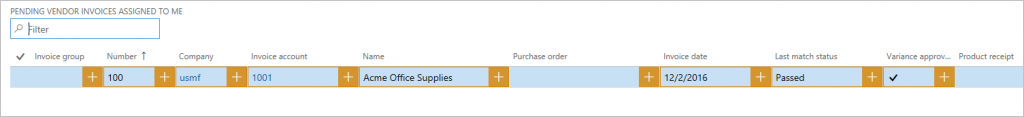 Columns on the Pending vendor invoices assigned to me page.