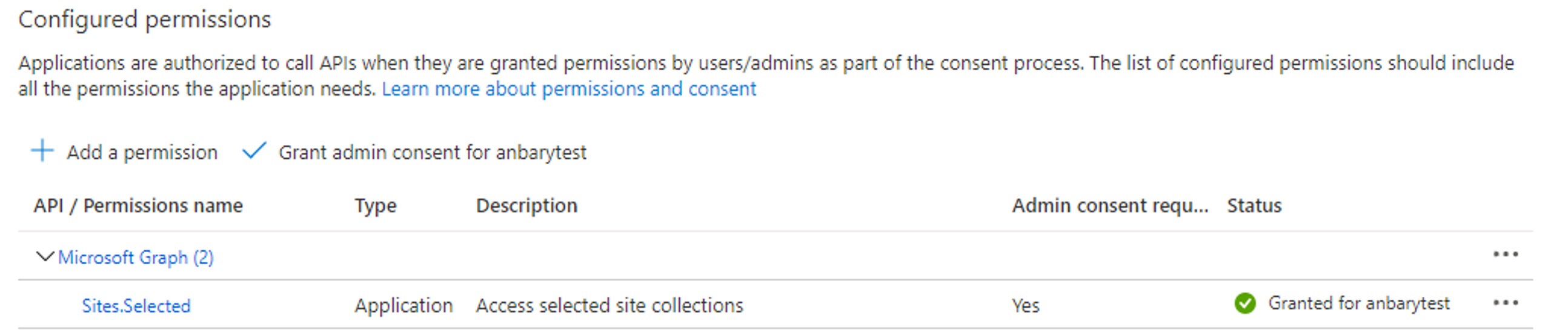 Screenshot that shows permissions granted on the API permissions tab.