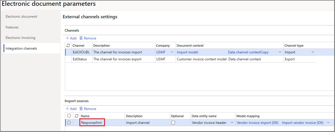 Screenshot that shows the ResponseXml import source on the Electronic document parameters page.