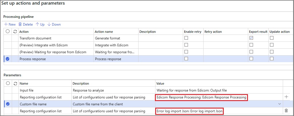 Screenshot that shows the parameters for the Process response action.