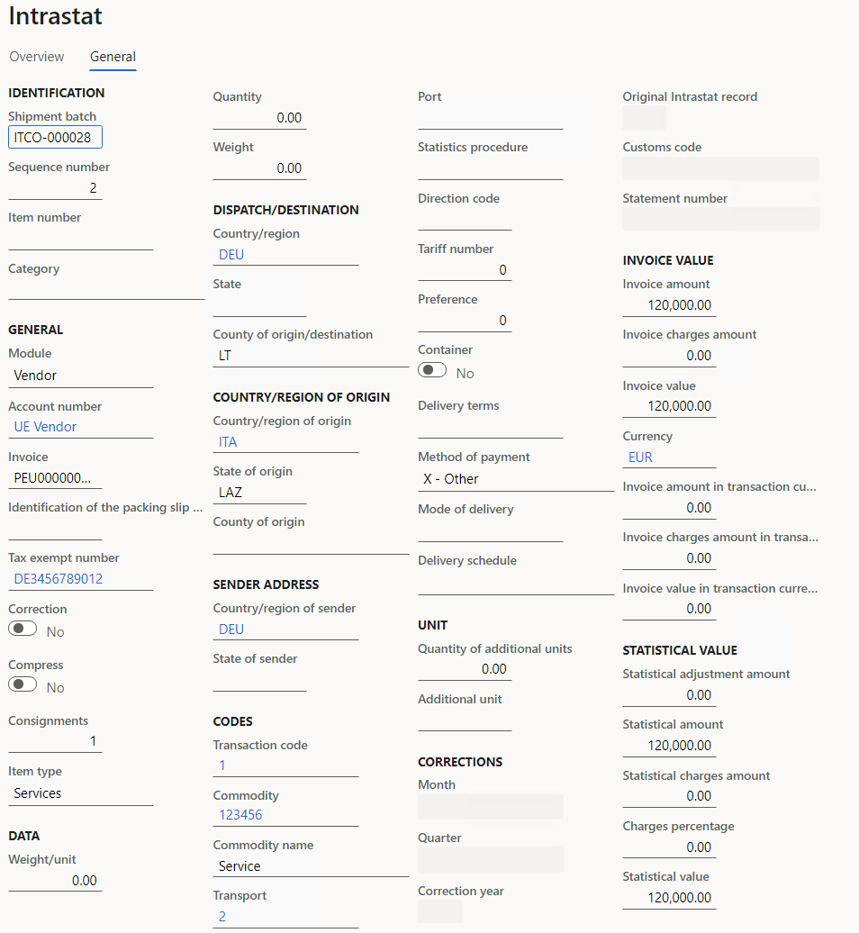 Intrastat journal line details for vendor invoice