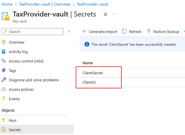 Screenshot of the TaxProvider-vault Secrets page with the ClientSecret and ClientId secrets highlighted.