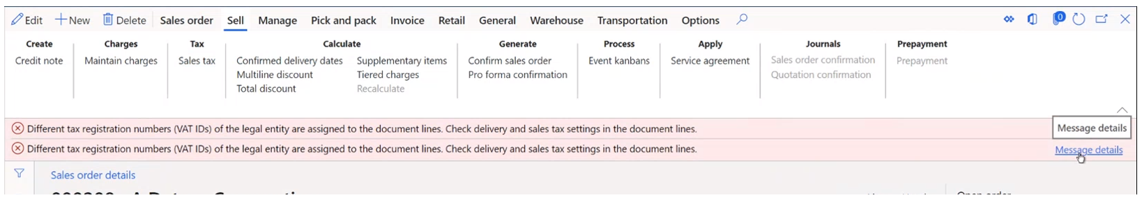 Screenshot with example error messages about different tax registration numbers on document lines.