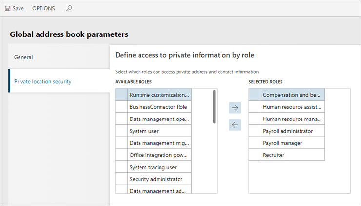 Global address book parameters page.