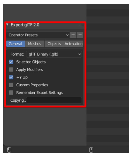 Export glTF 2.0 settings.