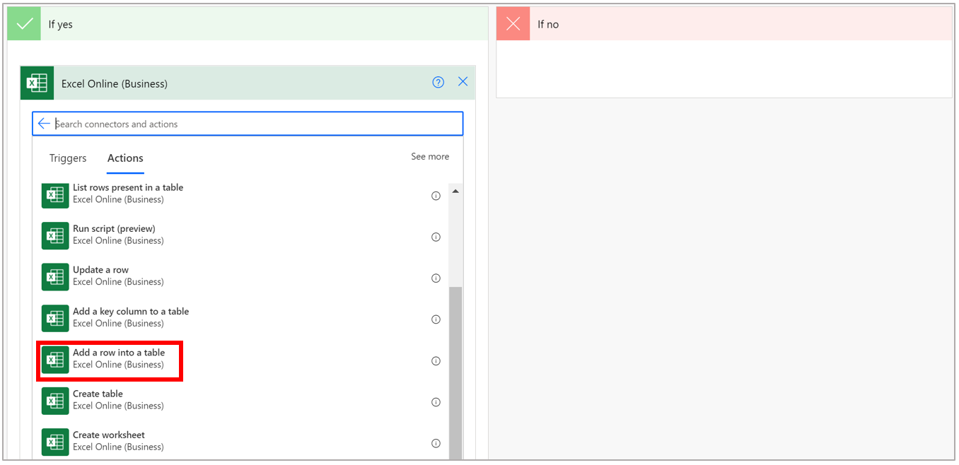 If yes box with Add a row into a table action selected.