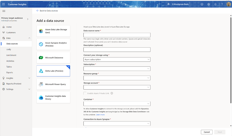 Screenshot of the import screen to import data in Delta Lake format.