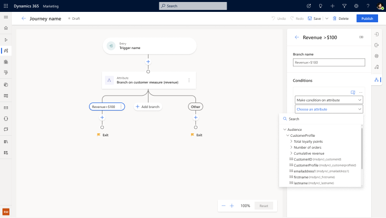 Screenshot of selecting unified profile attributes in a customer journey.