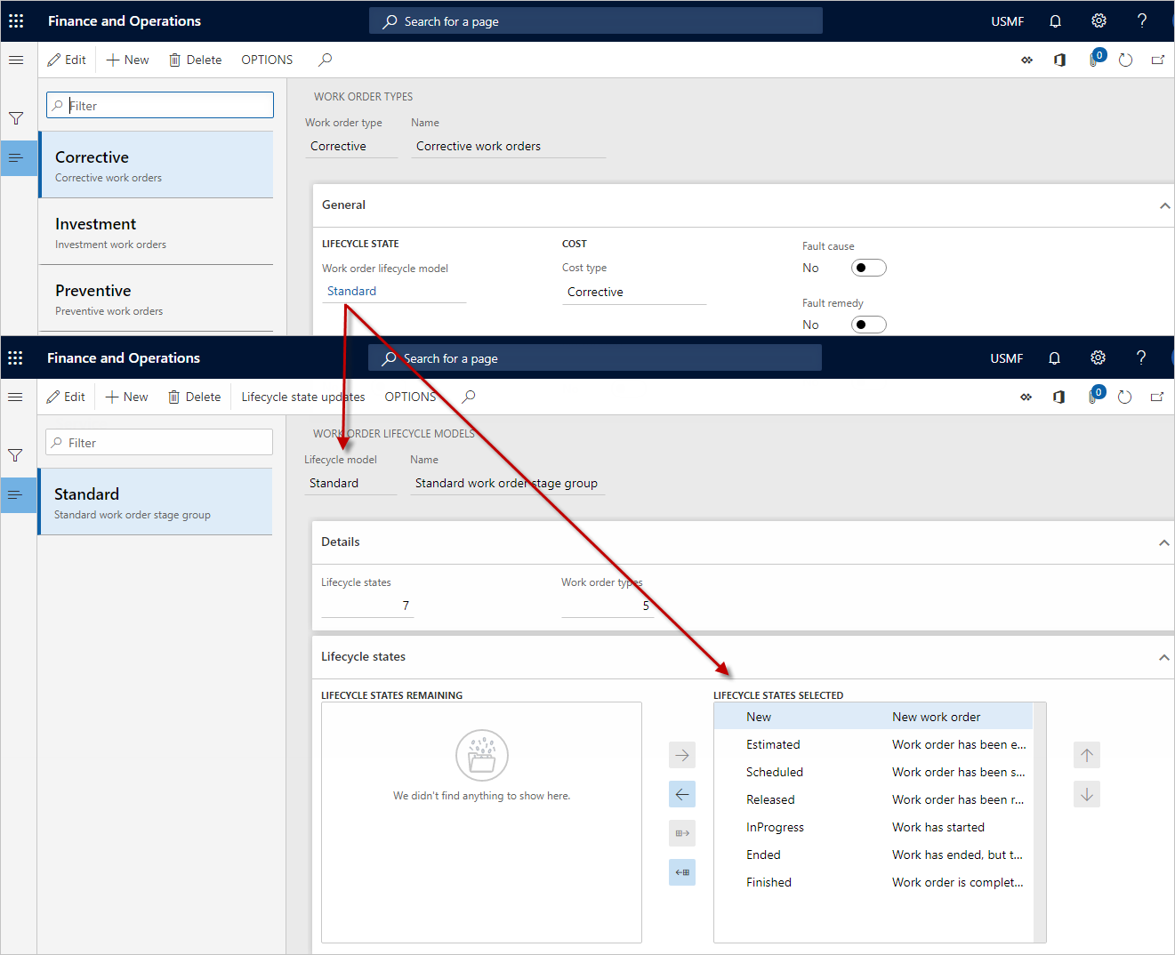 Work order type page compared to Work order lifecycle models page.