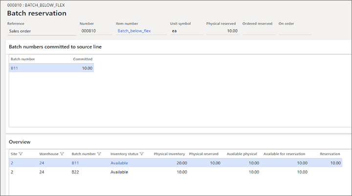 Committing a specific batch number to a sales order line on the Batch reservation page.