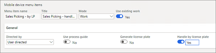 Mobile device menu item where the Handle by license plate option is set to Yes.