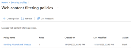 Screenshot of Security profiles, Web content filtering policies.