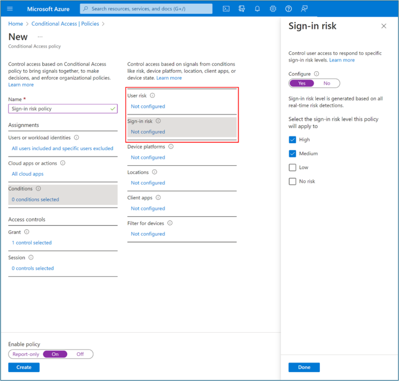 Screenshot of Conditional Access Policies, New, Sign-in risk. A red box emphasizes User risk and Sign-in risk.