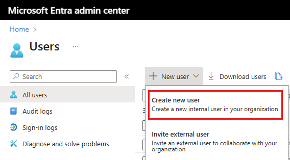 Screenshot of the New user page in the admin center.