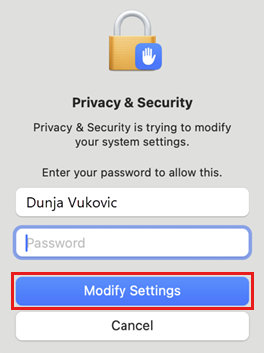 Screenshot of the Privacy & Security pop-up requesting sign-in credentials and the Modify Settings button highlighted.