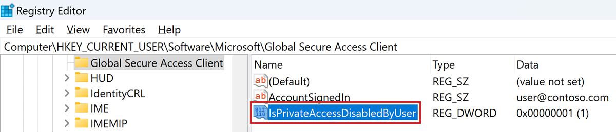 Screenshot showing the Registry Editor with the IsPrivateAccessDisabledByUser registry key highlighted.