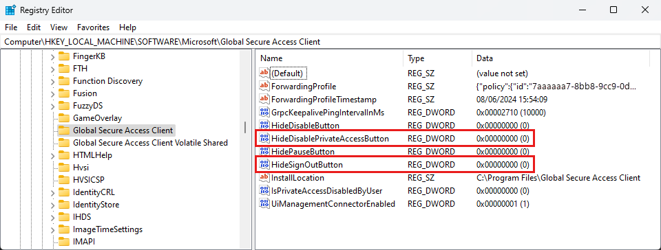 Screenshot showing the Registry Editor with the HideSignOutButton and HideDisablePrivateAccessButton registry keys highlighted.