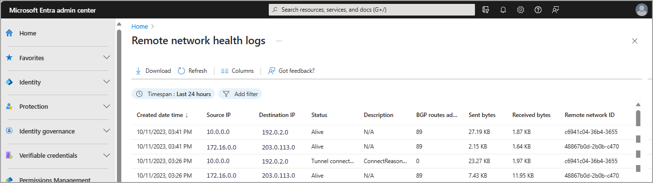 Screenshot of the Remote network health logs.