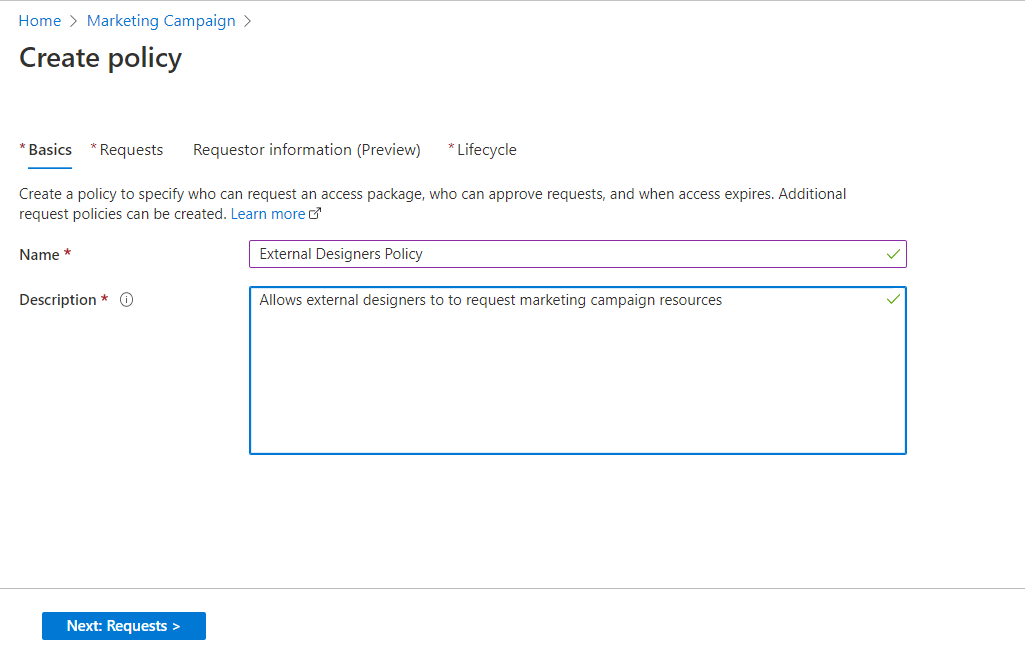 Create policy with name and description