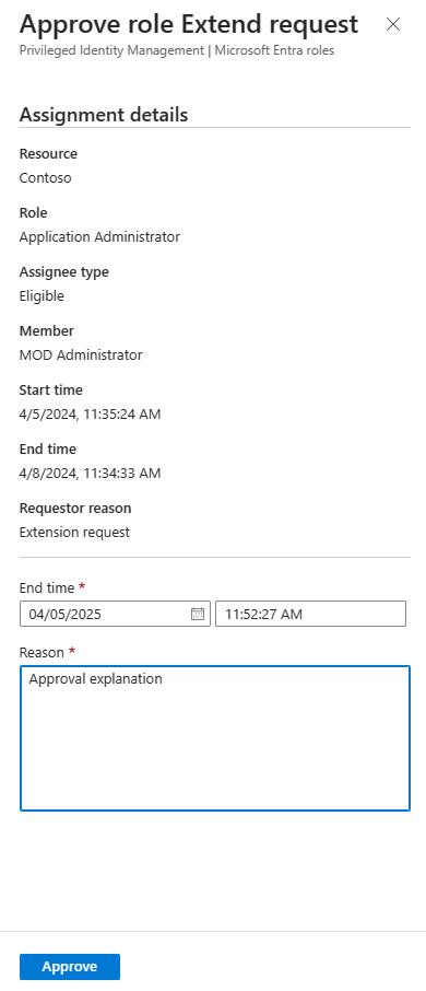 Screenshot showing the Approved role assignment request with requestor reason, assignment type, start time, end time, and reason.