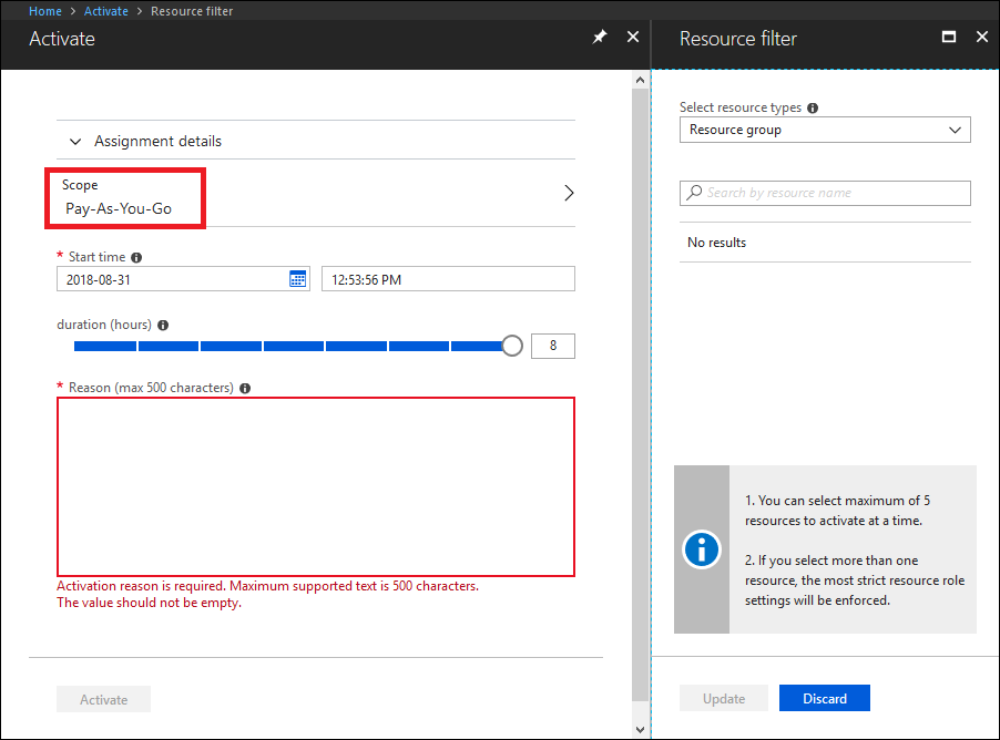 Screenshot of activate - Resource filter pane to specify scope.