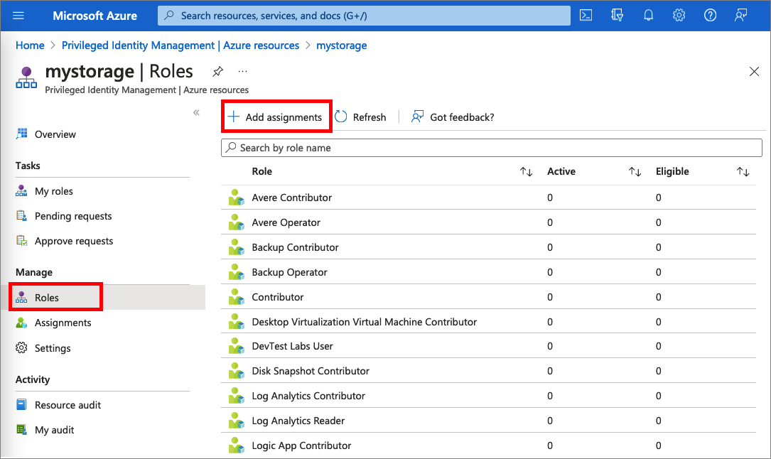 Screenshot of Azure resources roles.