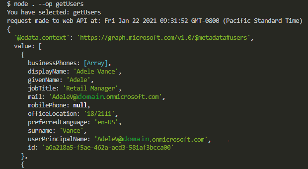 Command-line interface displaying Graph response