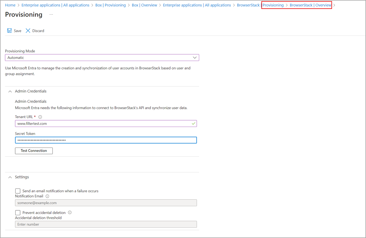 Provisioning screen to manage user account provisioning settings