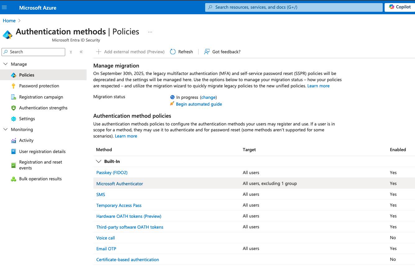 Screenshot of the Authentication methods policy blade with highlighted wizard entry point.