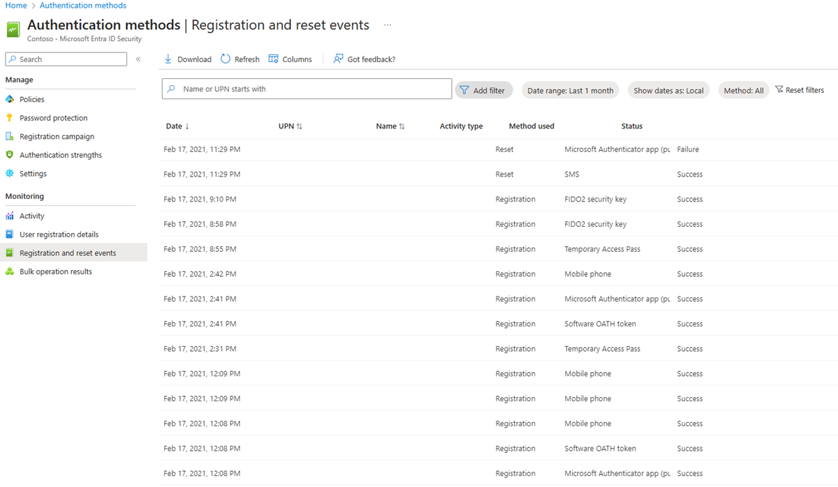 Screenshot of registration and reset events