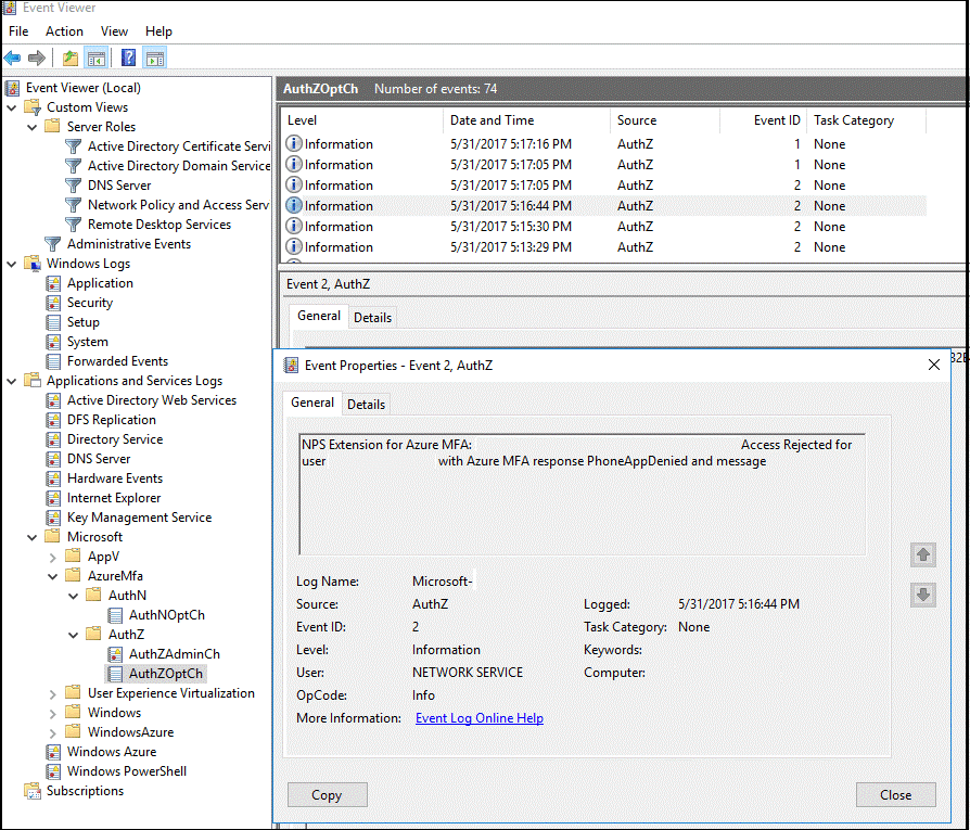 Sample Microsoft Entra multifactor authentication log in Event Viewer