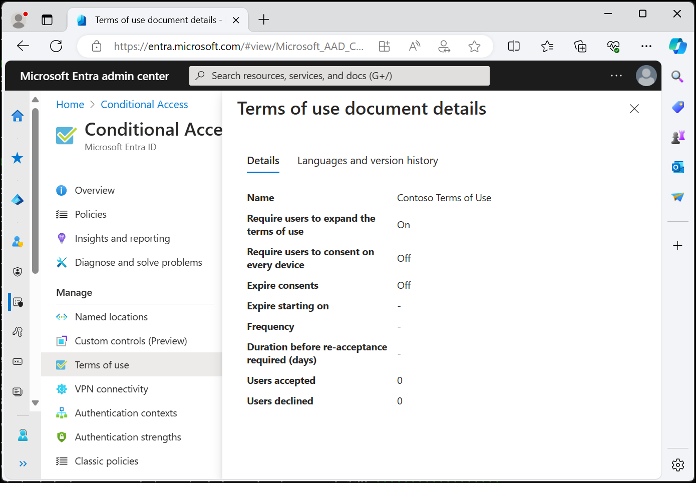 A screenshot showing the terms of use blade listing the number of user show have accepted and declined.