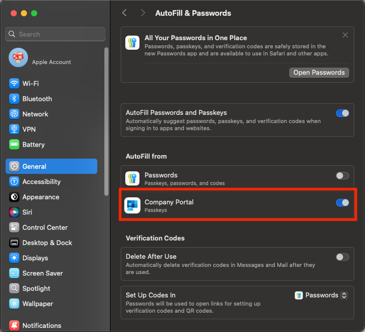 Screenshot of the Password Options window indicating that the use of passwords and passkeys from Company Portal has been enabled by a switch.