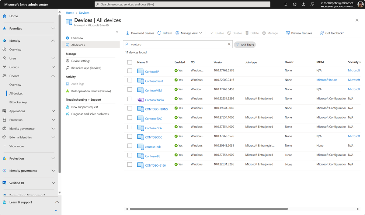 Devices displayed in Microsoft Entra Devices blade