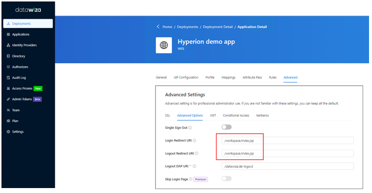 Screenshot shows the Login and Logout Redirect URI fields.