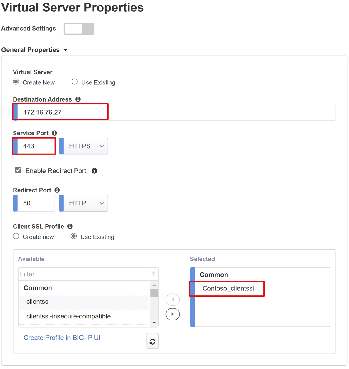 Screenshot of options and selections for Virtual Server Properties.