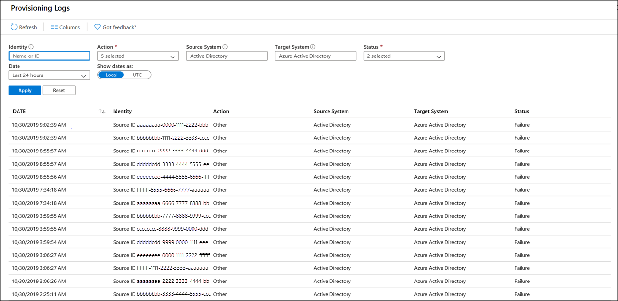 Screenshot that shows information about provisioning logs.