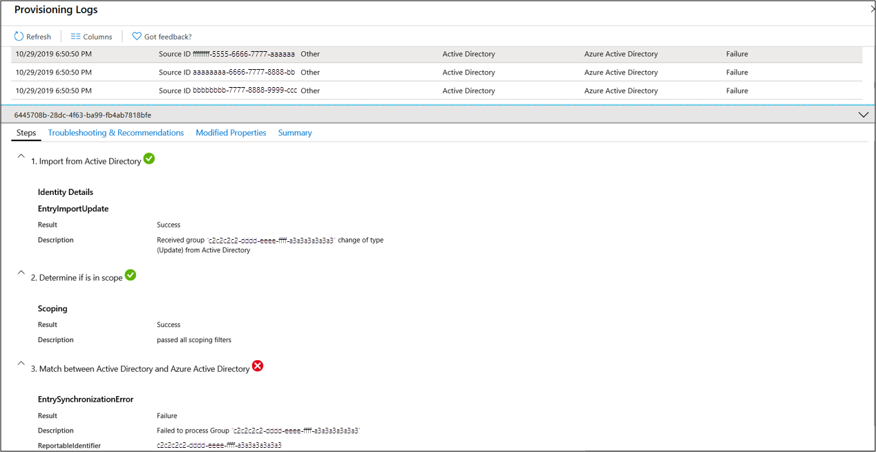 Screenshot that shows the provisioning logs dropdown list information.