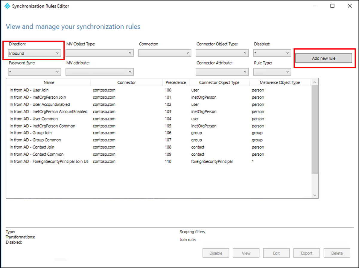 Screenshot that shows the "View and manage your synchronization rules" window with "Inbound" and the "Add new rule" button selected.