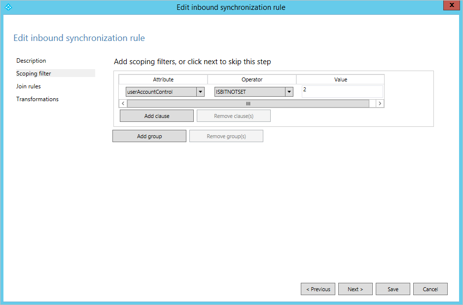 Screenshot that shows the "Scoping filter" section of the "Edit inbound synchronization rule" window.