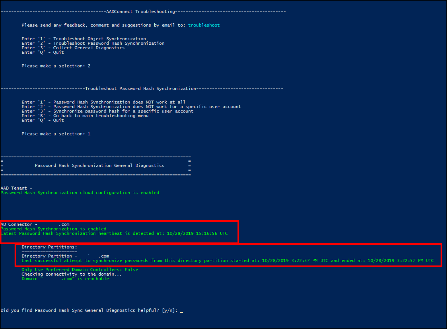 Screenshot of the Microsoft Entra Connect Troubleshooting log