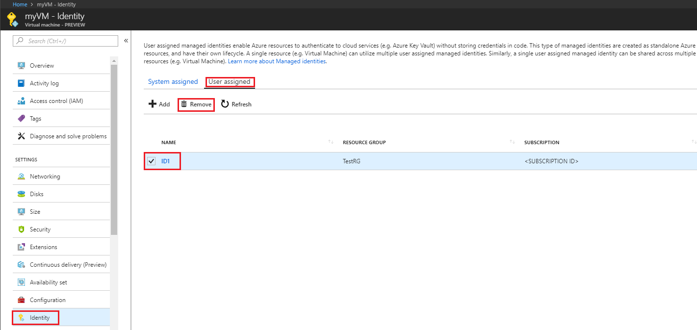 Screenshot showing how to remove user-assigned managed identity from a VM.