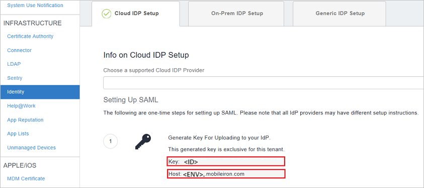 Screenshot shows the Setting Up SAML option with a key and host value.