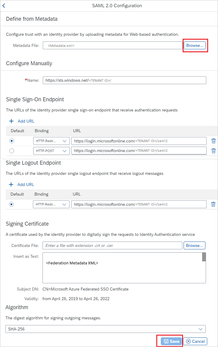 Screenshot that shows the "S A M L 2.0 Configuration" with the "Browse" button selected.