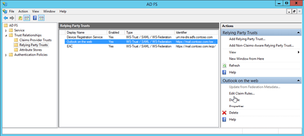 In the AD FS Management console, expand Trust Relationships, select Relying Party Trusts, select the relying party trust, and in the Action pane, click Edit Claim Rules.