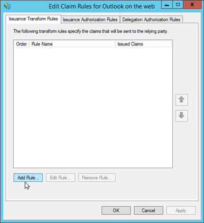 In the Edit Claim Rules window, select Add Rule on the Issuance Transform Rules tab.