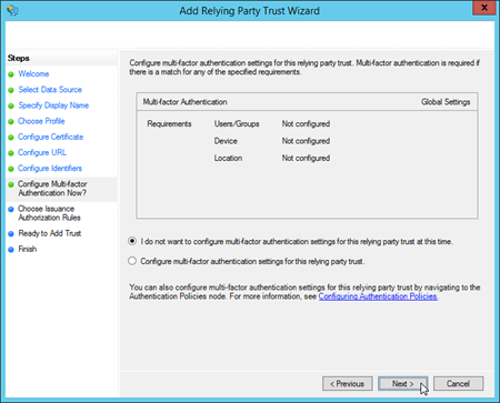 The Configure Multi-factor Authentication Now? page in the Add Relying Party Trust Wizard.