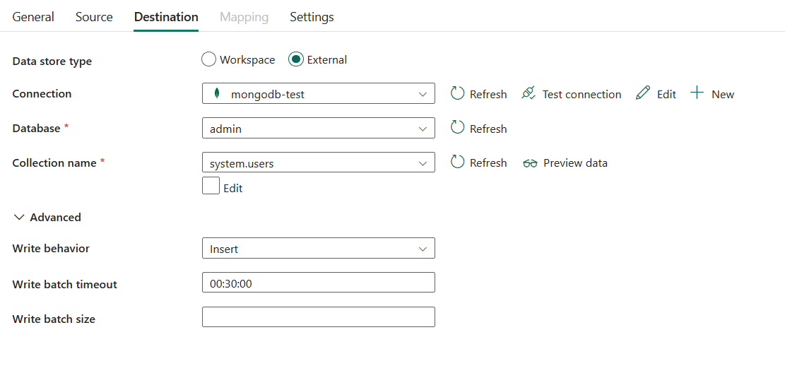 Screenshot showing destination tab and the list of properties.