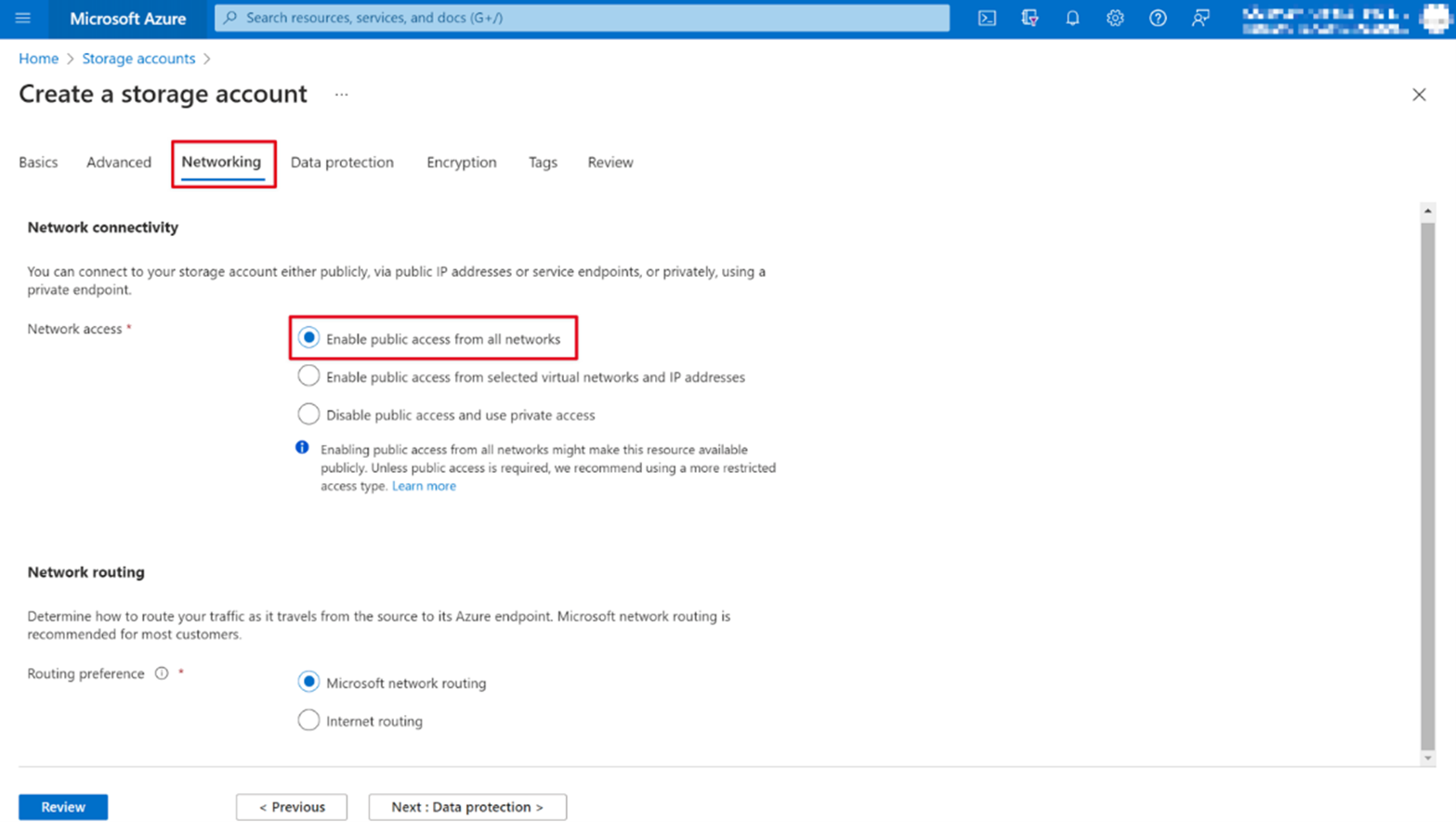 Screenshot of the Create a storage account page with Networking and Enable public access from all networks highlighted