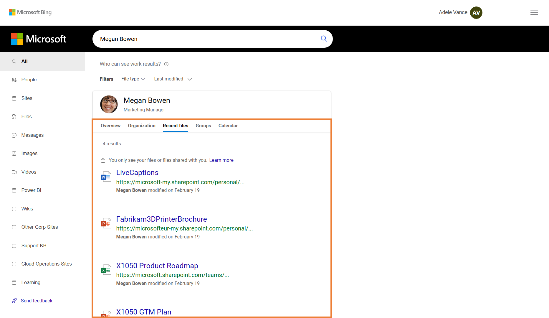 Adele’s Bing query results for "Megan Bowen" when Megan has Insights enabled, highlighting recent files that Megan modified.